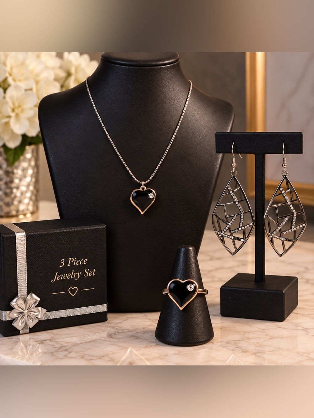 3-Piece Heart Pendant Necklace, adjustable Ring & Filigree Earrings Set - NEW
